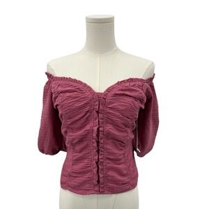 Sienna Sky Blouse L NWT Pink Smocked Puff Sleeve Crop Top Linen Blend Boho